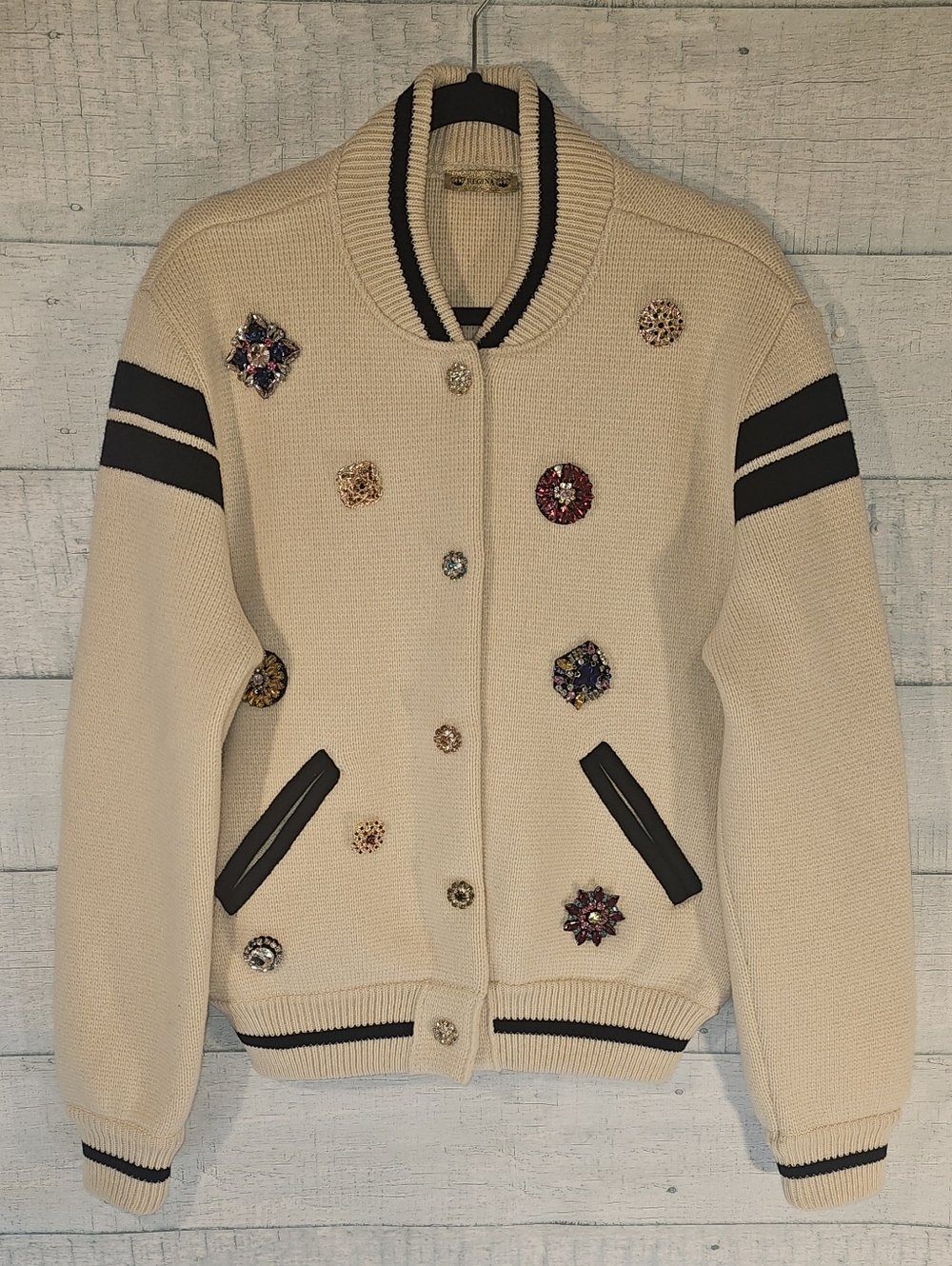 Regina Of Italy Cream With Rhinestone Varsity Bomber Jacket Wool/cashmere Blend